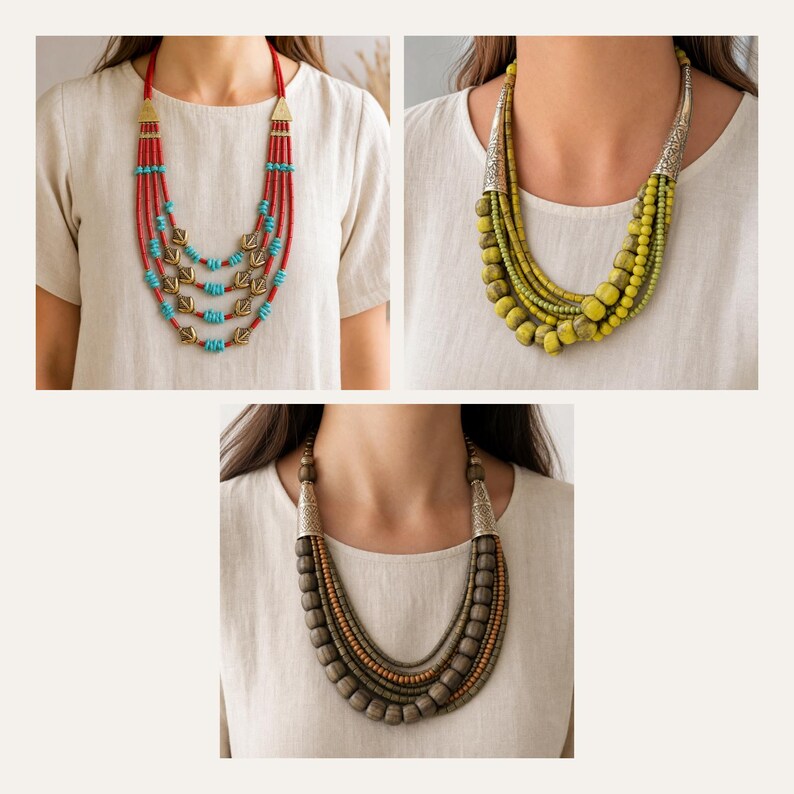 Red Multi Strand Necklace, Turquoise Color Beads and Gold Tone Leaf Details 3 piece set