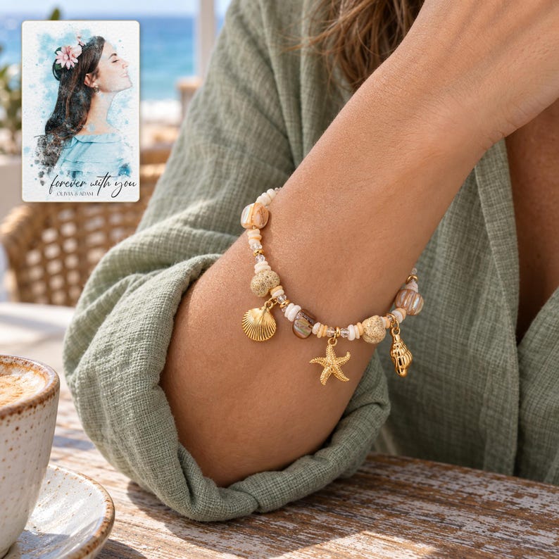 Shell Charm Bracelet, worn with daytime clothing. A sample personalized digital greeting card is shown alongside.