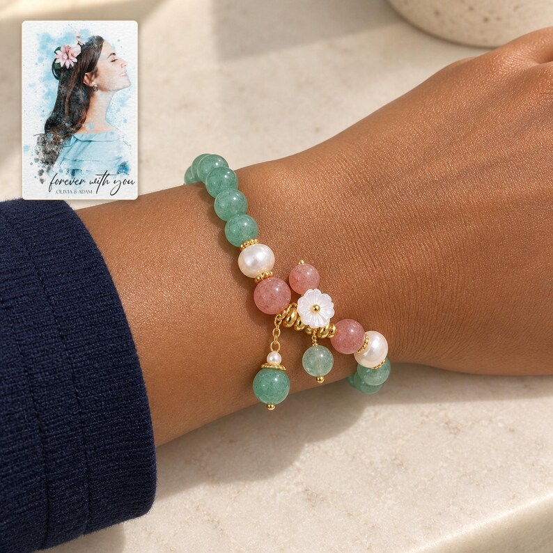 Forest Strawberry clear accents Bracelet worn by an adult in a polished evening lifestyle scene. A personalized digital greeting card is shown alongside.
