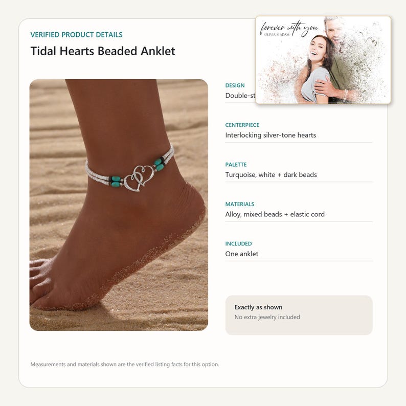 May include: A double-strand beaded anklet featuring two interlocking silver-tone heart charms as the centrepiece. The design incorporates turquoise, white, and dark beads strung on an elastic cord, creating a layered look around the ankle.
