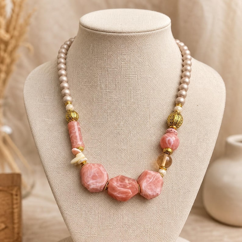 Brown and Beige Statement Beaded Necklace shown individually as a coordinating option for the mix and match necklace set