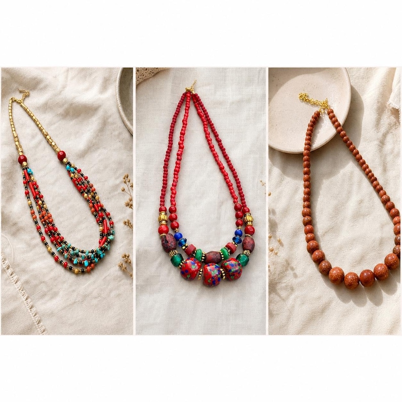Three piece necklace set with HCKK0908 red turquoise necklace, HCKK0933 red multicolor necklace and HCKK1338 copper-brown necklace