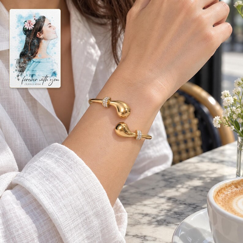 Gold Tone Cuff Bracelet, worn with daytime clothing. A sample personalized digital greeting card is shown alongside.