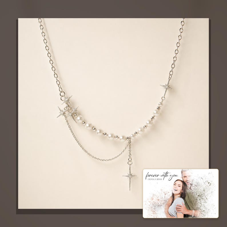 Silver-tone layered necklace with pale beads and pointed star charms, alternate framed view. A personalized greeting-card example appears in the corner.