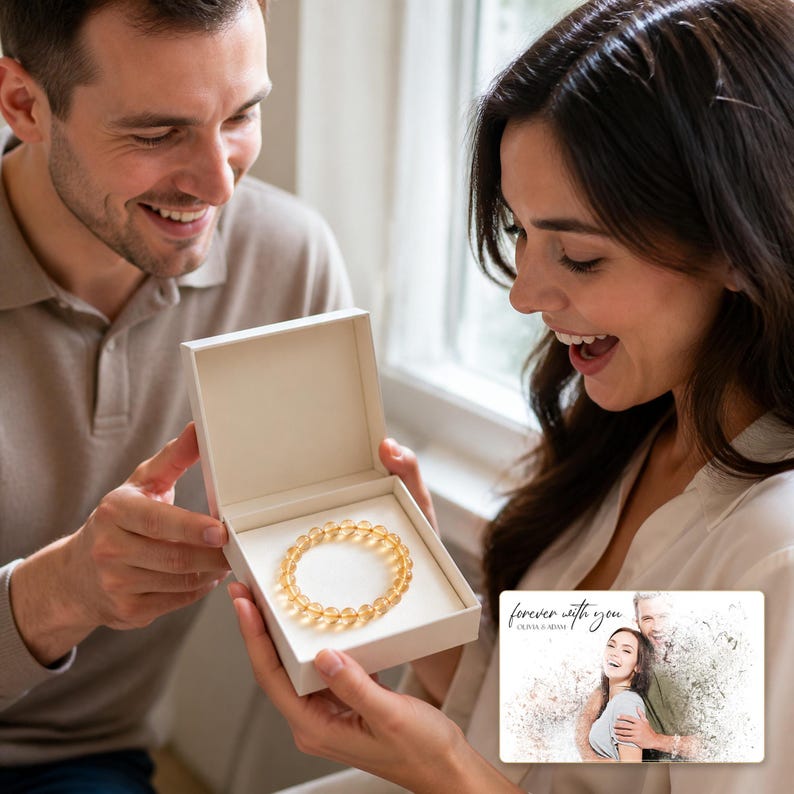 Sunny Faceted Bead Bracelet shown during a warm gift-receiving moment between adults with the exact jewelry visible.