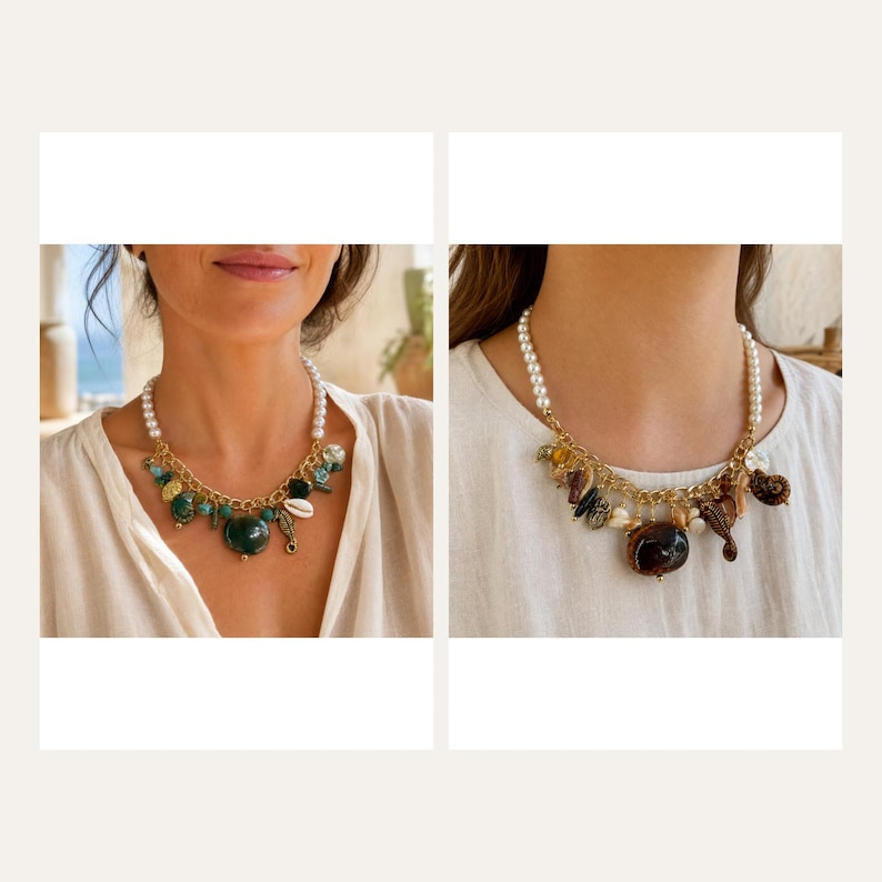 May include: Two necklaces featuring white pearl strands connected to gold-tone chains. The left necklace displays green beads, shells, and sea-themed charms. The right necklace features brown beads, shells, and a seahorse charm, both resting on white fabric.