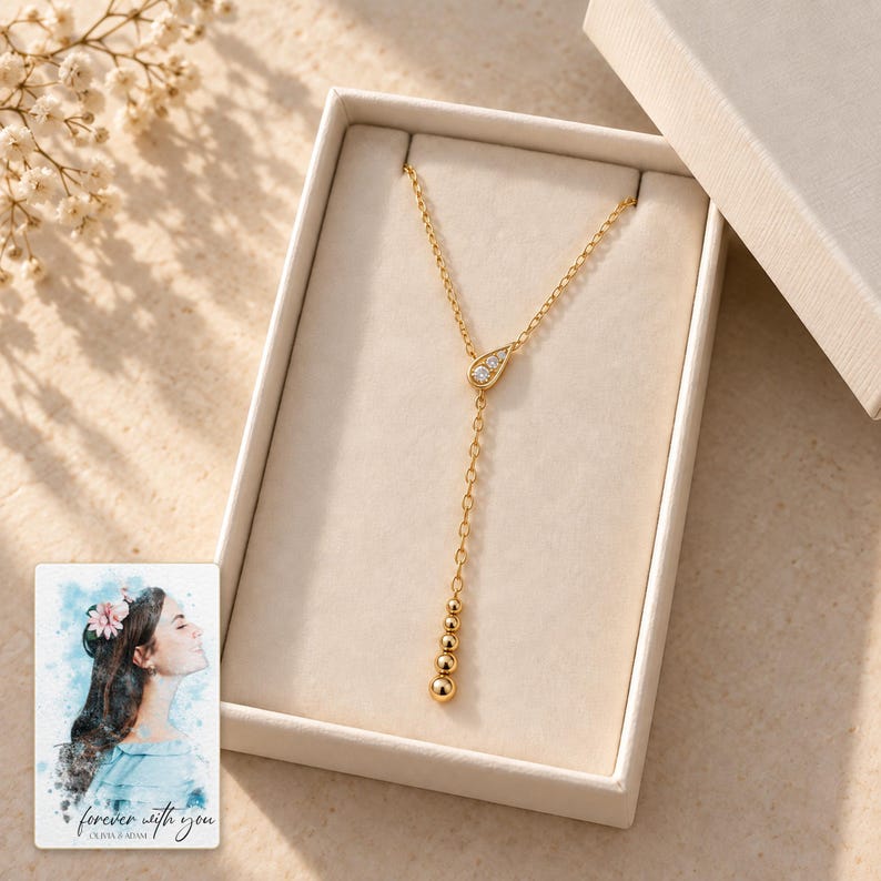 Moissanite Y Necklace, gift box view. A personalized digital greeting card is shown alongside.