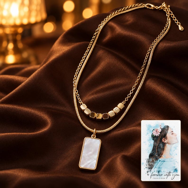 Mother of Pearl Necklace, evening style view. A personalized digital greeting card is shown alongside.