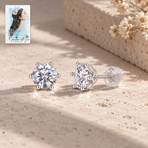 Moissanite Stud Earrings, shown in natural light. A sample personalized digital greeting card is shown alongside.