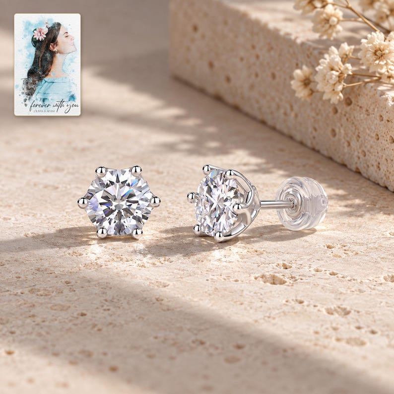 Moissanite Stud Earrings, shown in natural light. A sample personalized digital greeting card is shown alongside.