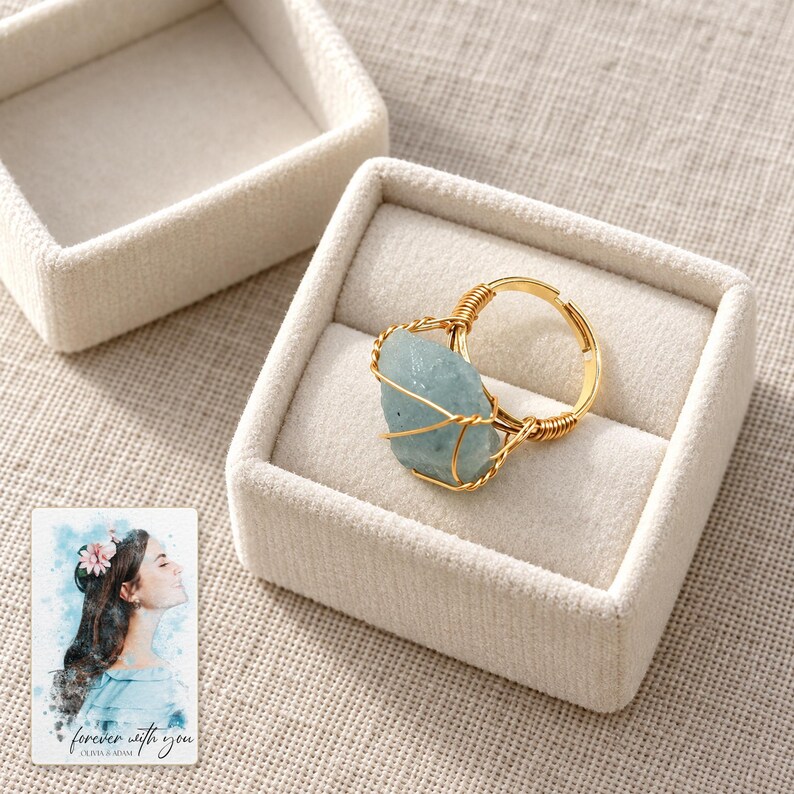 Blue Wire Wrapped Ring, gift box view. A personalized digital greeting card is shown alongside.