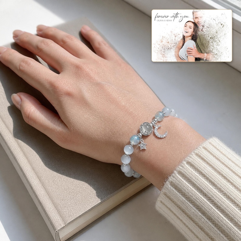 Starlit Moon Bead Bracelet worn by an adult in a polished evening lifestyle scene.