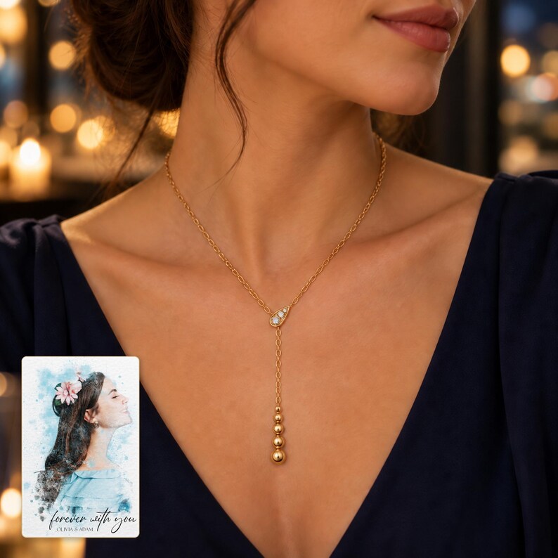 Moissanite Y Necklace, human lifestyle view. A personalized digital greeting card is shown alongside.