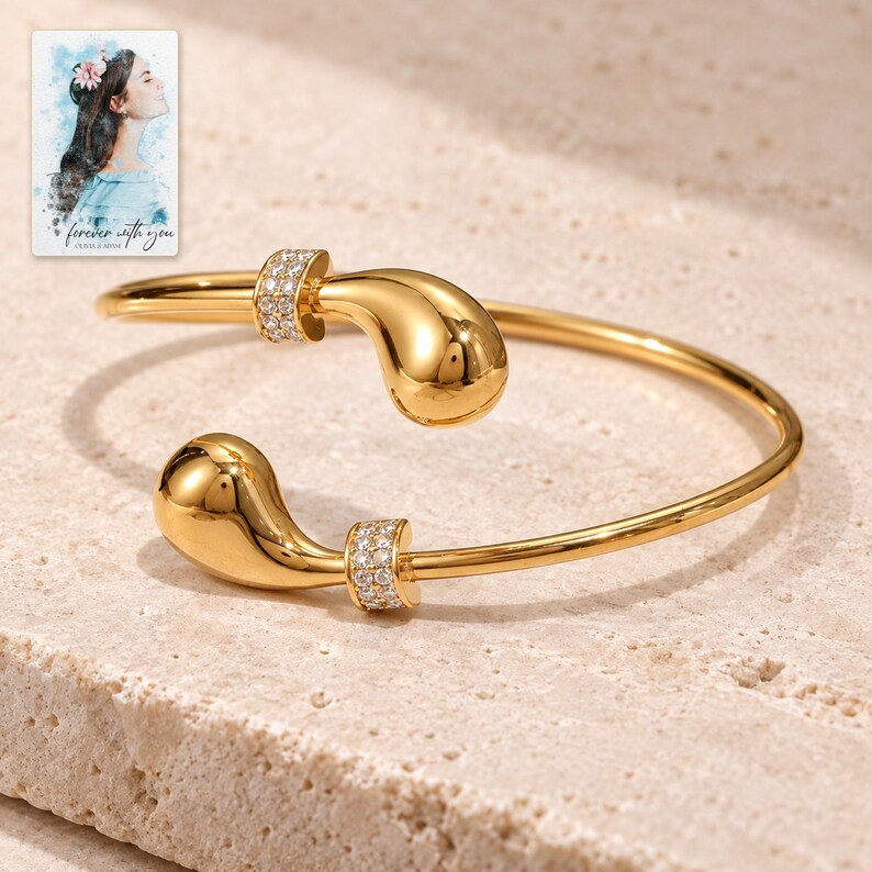 Gold Tone Cuff Bracelet, shown on a display surface. A sample personalized digital greeting card is shown alongside.