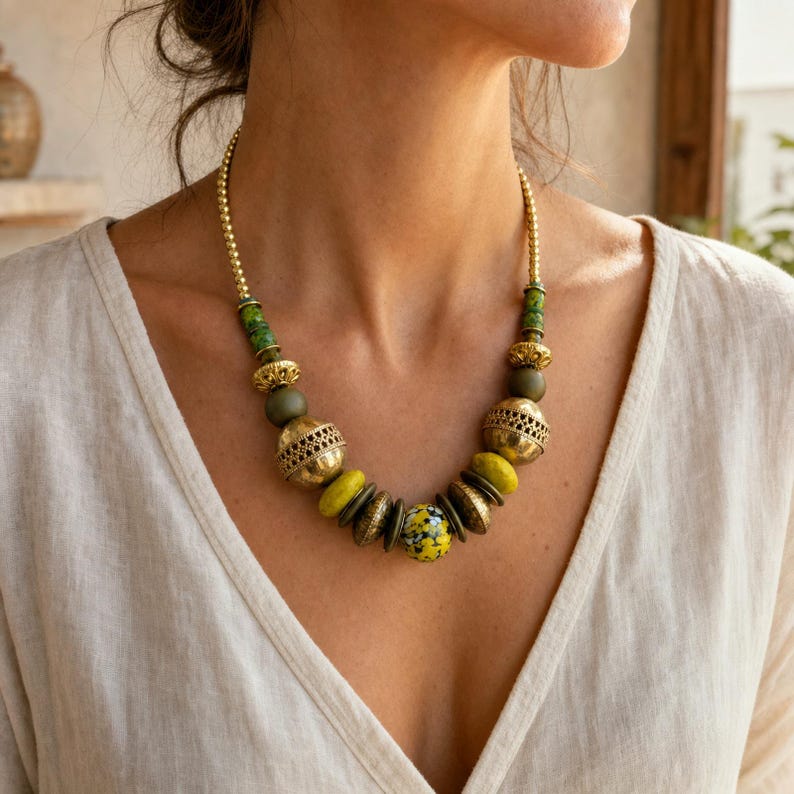 Gray and Brown Statement Beaded Necklace presented in an open jewelry gift box on natural linen