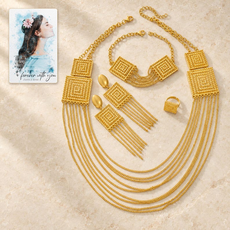 Golden Tassel Jewelry Suite shown as the main Etsy hero photograph with a clear view of the complete design. A personalized digital greeting card is shown alongside.