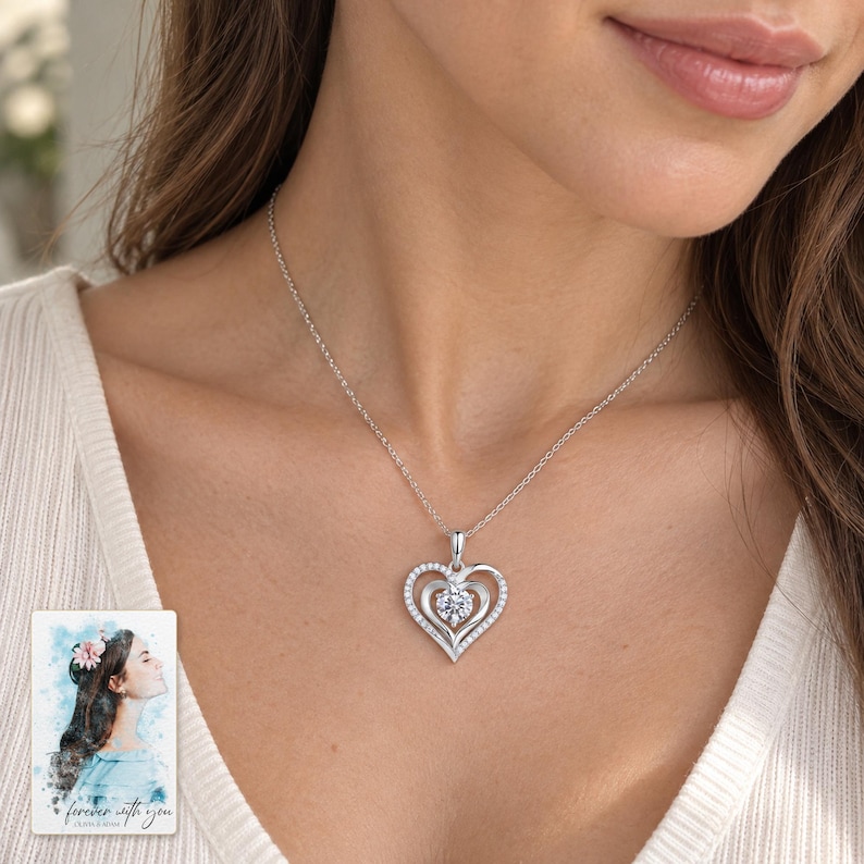 Double Heart Moissanite Necklace, worn by an adult. A sample personalized digital greeting card is shown alongside.