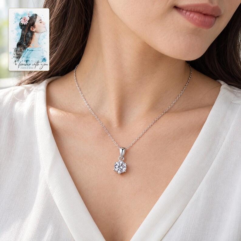 Moissanite Pendant Necklace, worn by an adult. A sample personalized digital greeting card is shown alongside.