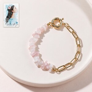 Pink Chip Bead Bracelet, macro detail view. A personalized digital greeting card is shown alongside.