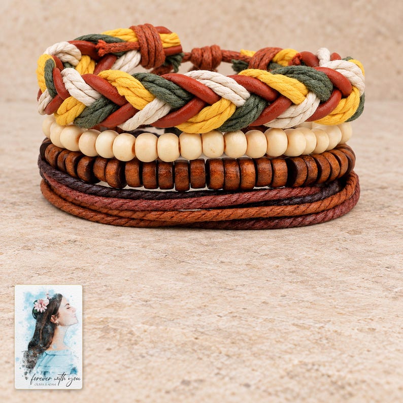 Layered Woven Bracelet, shown on a display surface. A sample personalized digital greeting card is shown alongside.