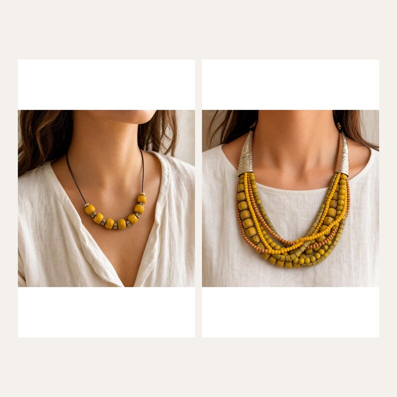 May include: A single-strand necklace featuring yellow beads separated by small metallic spacers on a dark cord, alongside a multi-strand statement necklace with layered yellow and brown beads, finished with textured silver-toned conical end caps.