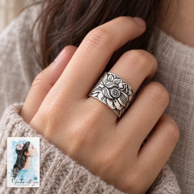 Lotus Flower Open Ring, worn with evening clothing. A sample personalized digital greeting card is shown alongside.