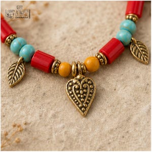 Colorful Beaded Heart Charm Necklace, Boho Handmade Jewelry Gift for Her displayed in gift-ready boho styling with the beadwork and pendant details visible
