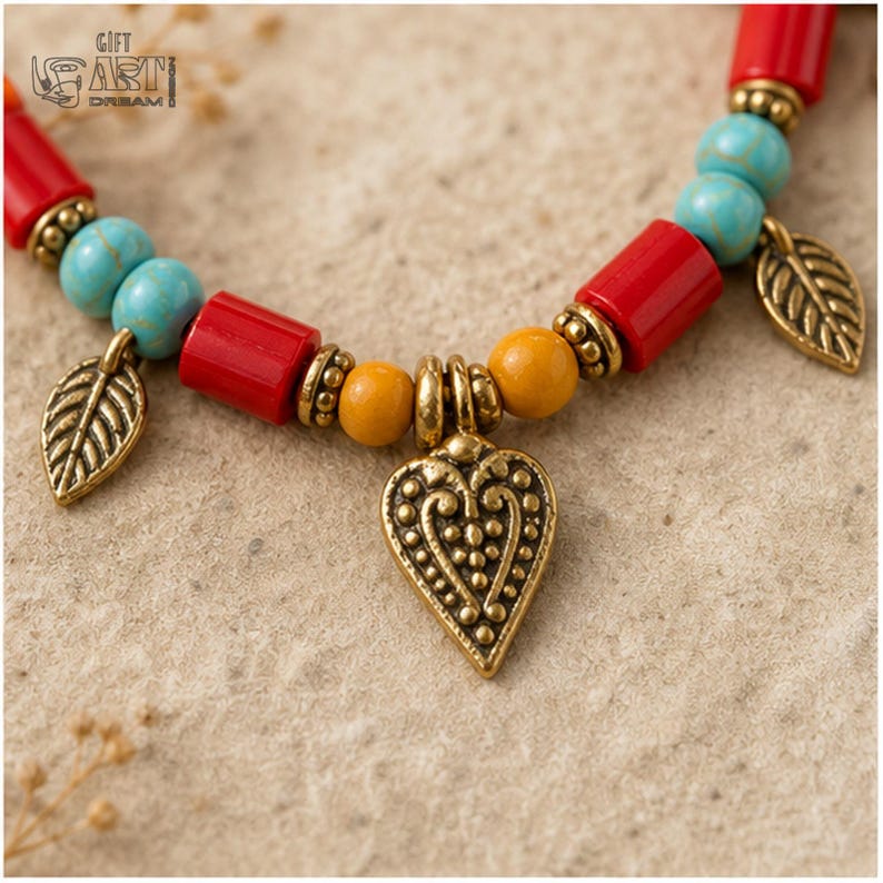 Colorful Beaded Heart Charm Necklace, Boho Handmade Jewelry Gift for Her displayed in gift-ready boho styling with the beadwork and pendant details visible