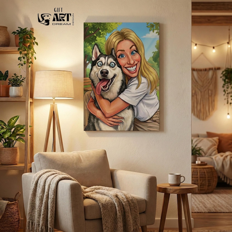 K&ouml;nnte beinhalten: Leinwanddruck mit einer Cartoon-Illustration einer Frau, die einen Siberian Husky-Hund umarmt. Die Frau hat blondes Haar und l&auml;chelt. Der Hund hat blaue Augen und die Zunge h&auml;ngt heraus. Der Hintergrund zeigt eine Parklandschaft.