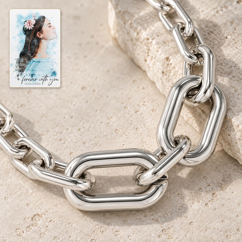 silver tone Arc Statement Choker shown in a close macro view highlighting the visible texture, texture and construction details. A personalized digital greeting card is shown alongside.