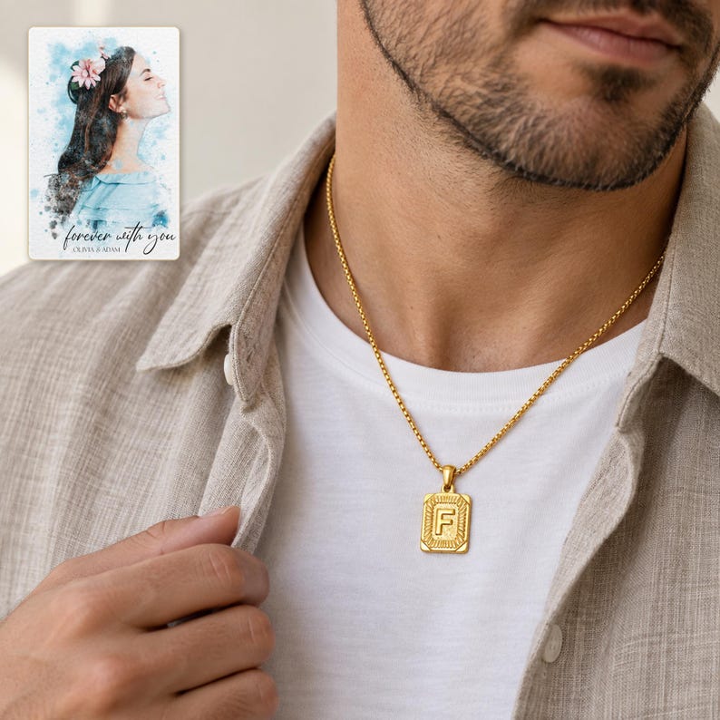 Adult man wearing the small gold tone F initial necklace with a white shirt and linen overshirt. A personalized digital greeting card is shown alongside.