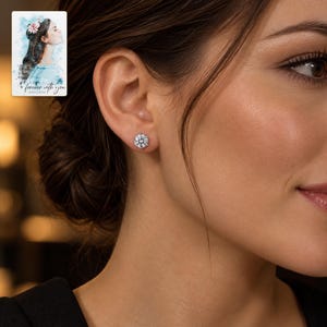 Moissanite Stud Earrings, worn with evening clothing. A sample personalized digital greeting card is shown alongside.