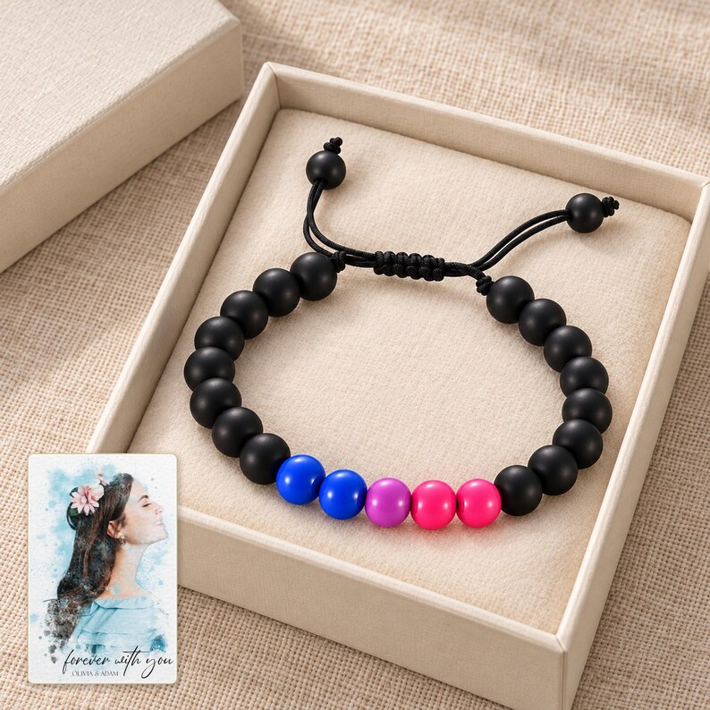 Black Bead Bracelet, gift box view. A personalized digital greeting card is shown alongside.