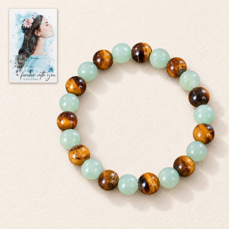 Forest Amber Bead Bracelet shown in a close macro view highlighting the visible texture, texture and construction details. A personalized digital greeting card is shown alongside.