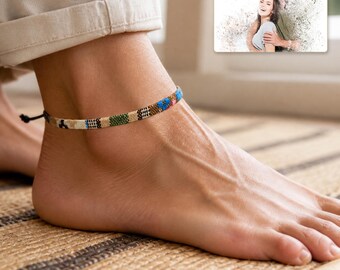 Woven Rainbow Anklet, Colorful Geometric Pattern with Adjustable Cord