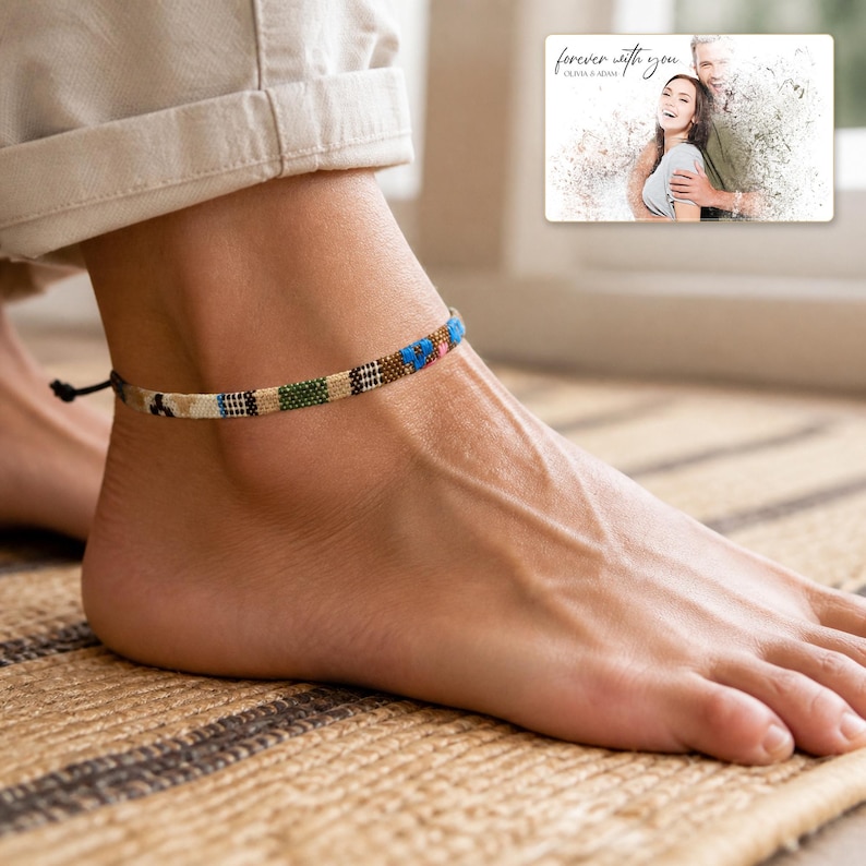 Rainbow Loom Boho Anklet worn by an adult in a polished evening lifestyle scene.