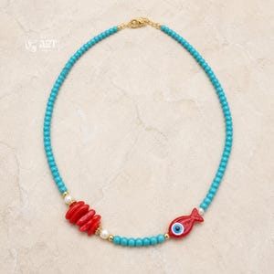 Turquoise Beaded Fish and Evil Eye Necklace, Boho Charm Choker
