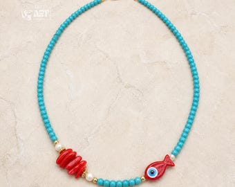 Turquoise Beaded Fish and Evil Eye Necklace, Boho Charm Choker