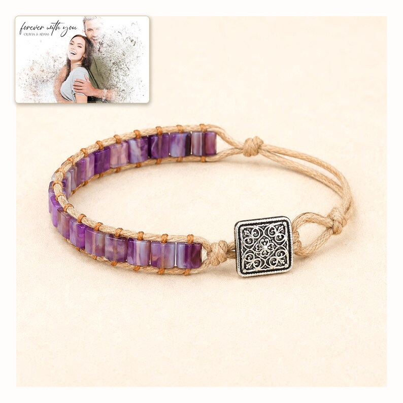 Purple rectangular-bead cord bracelet with a square decorative detail, catalog view. A personalized greeting-card example appears in the corner.