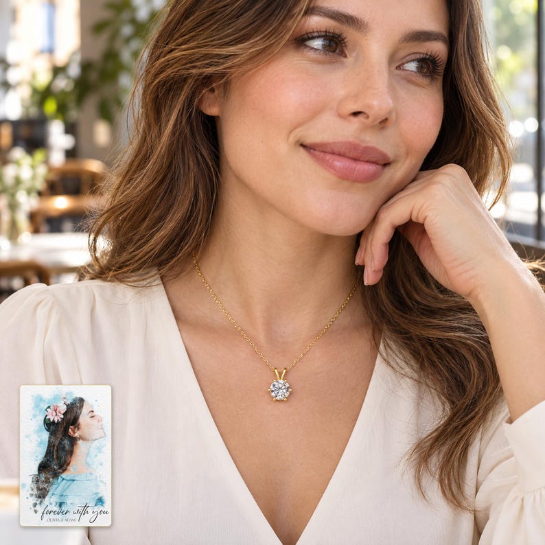 Moissanite Solitaire Necklace, worn with daytime clothing. A sample personalized digital greeting card is shown alongside.