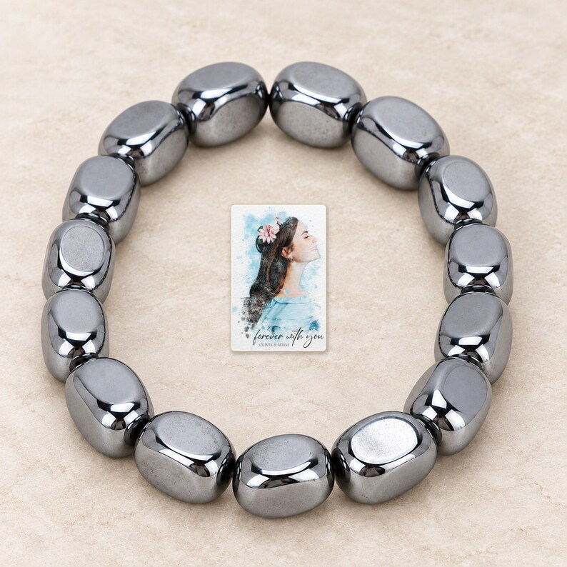 Metallic Grey Bead Bracelet, macro detail view. A personalized digital greeting card is shown alongside.