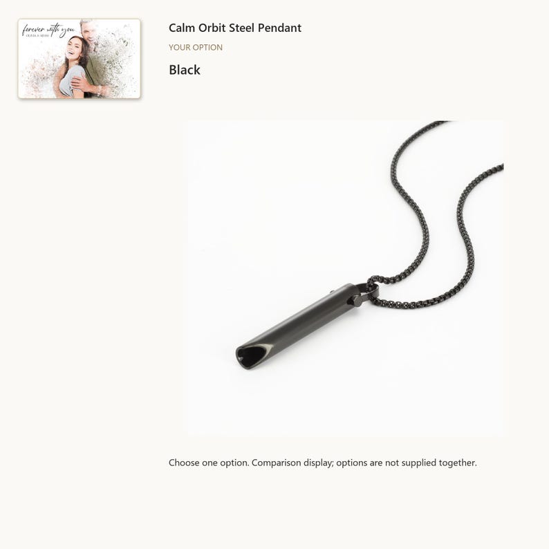 Black. Tube Pendant Necklace. A personalized digital greeting card is shown. Select the pictured option when ordering.