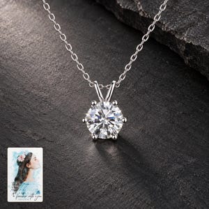 Moissanite Solitaire Necklace, shown against a dark background. A sample personalized digital greeting card is shown alongside.