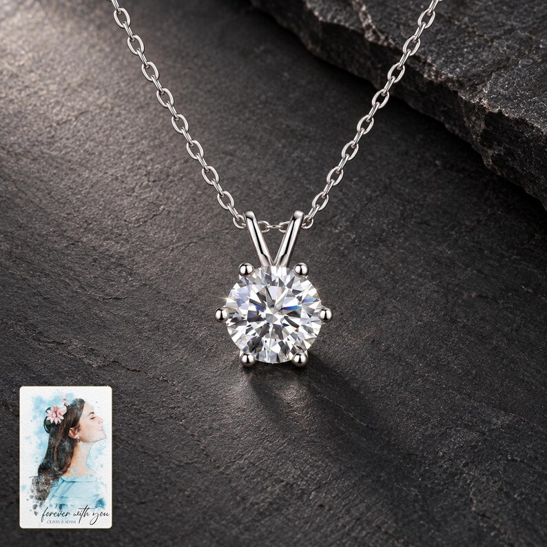 Moissanite Solitaire Necklace, shown against a dark background. A sample personalized digital greeting card is shown alongside.