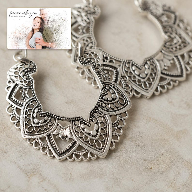 Antique Lace Boho Hoops shown during a warm gift-receiving moment between adults with the exact jewelry visible.