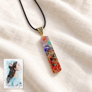Colorful Bar Pendant Necklace, linen flatlay view. A personalized digital greeting card is shown alongside.