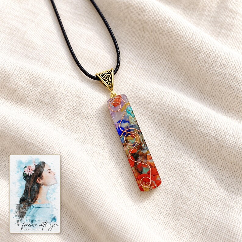 Colorful Bar Pendant Necklace, linen flatlay view. A personalized digital greeting card is shown alongside.