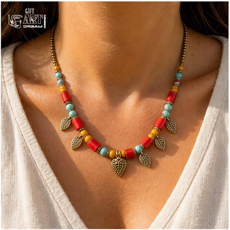 Close up of Colorful Beaded Heart Charm Necklace, Boho Handmade Jewelry Gift for Her showing bead colors, charm details, texture, and handmade finish
