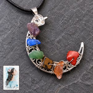 Rainbow Chip Moon Necklace, close-up of the details. A sample personalized digital greeting card is shown alongside.