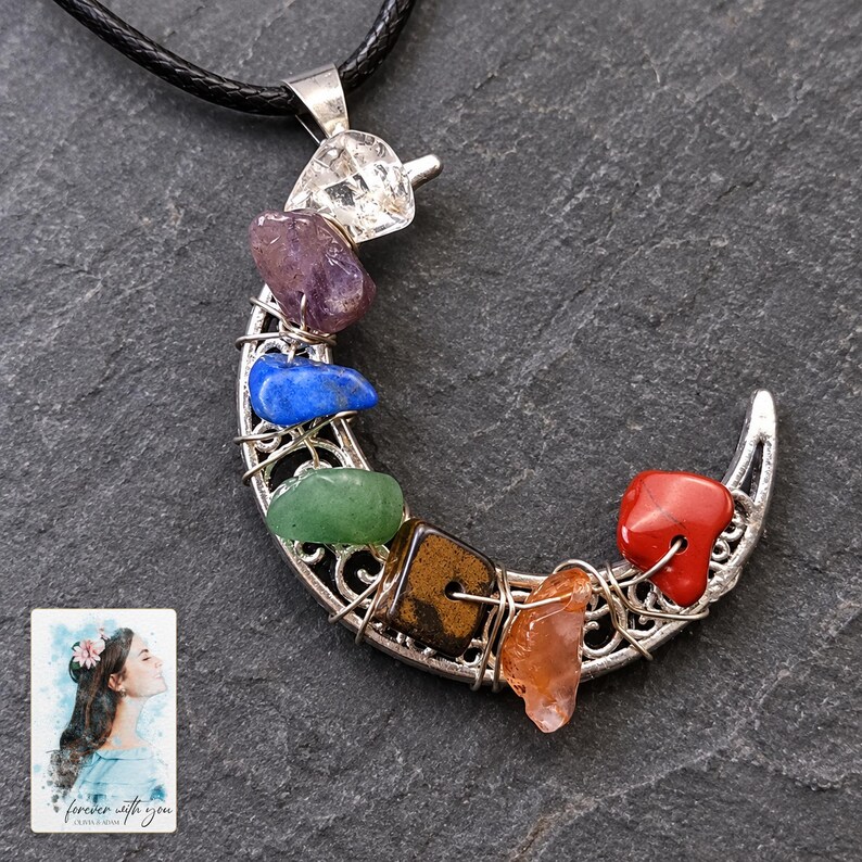 Rainbow Chip Moon Necklace, close-up of the details. A sample personalized digital greeting card is shown alongside.